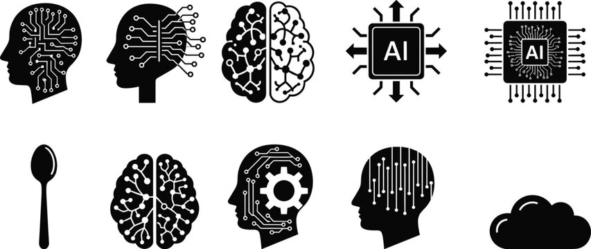 Artificial intelligence icon set brain circuit head profile chip cloud computing technology digital innovation machine learning network data analysis flat vector illustration isolated on white.