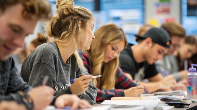 Group of students working hard and focusing on their assignments in a bright classroom during morning hours