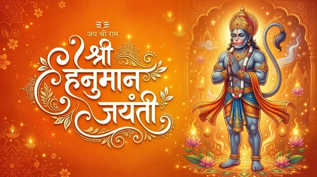 Shree Hanuman Jayanti" Calligraphy in Marathi and Hindi meaning Greetings and wishes for Happy Hanuman Jayanti festival of India with lord Hanuman Vector Illustration banner design