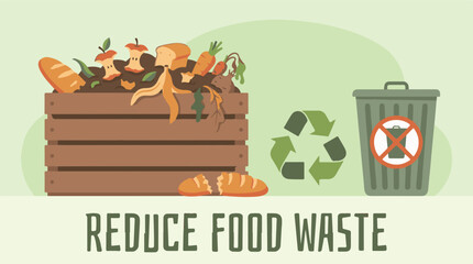 Fototapeta premium Reduce food waste concept with compost bin, recycling symbol, and trash can
