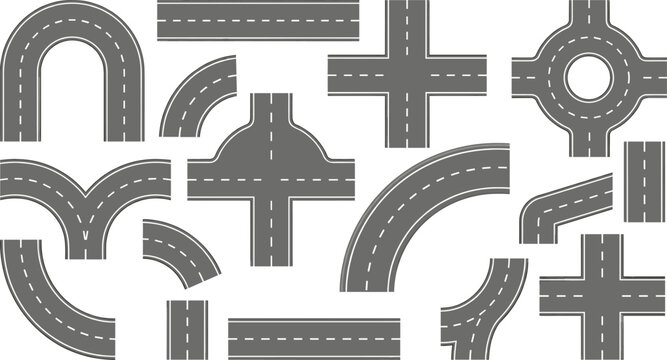 Road segment illustration collection featuring straight, curved, U-turn, T-junction, Y-junction, roundabout, cross intersection vector design set