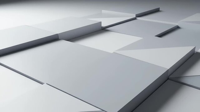 Abstract, geometric arrangement of varying rectangular and triangular forms. Gray tones