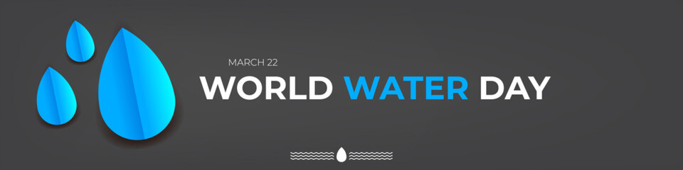 World Water Day wide horizontal banner for March 22. Blue water drop icon with wave patterns on dark grey background. Modern water day environmental awareness poster design. Vector illustration.