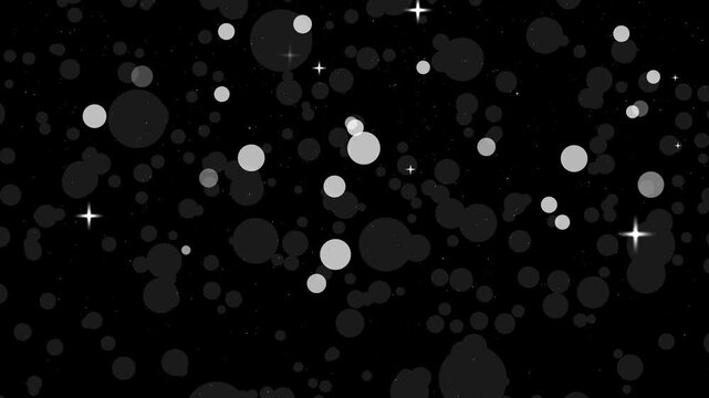 Monochrome bokeh stars background animation, Scattered translucent gray and white bokeh circles and small star-like sparkles