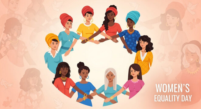 Diverse women join hands in circle for women's equality day celebration with solidarity and support