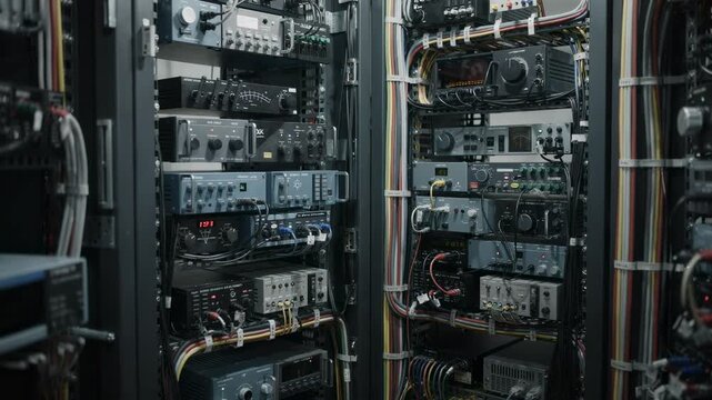 Medium frame capture of compact transmitter room racks loaded with various signal modulators and neatly arranged wires slightly blurred background enhancing depth.