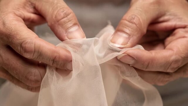 Expert hands handle delicate fabric with care and accuracy