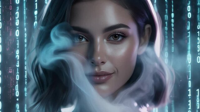 Futuristic woman surrounded by glowing mist in a captivating sci fi video scene