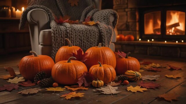 Cozy autumn fireplace scene with vibrant pumpkins colorful fall leaves warm seasonal decor