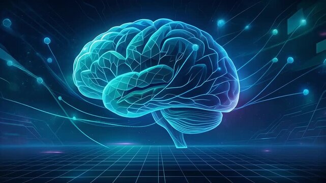 Glowing brain animation with dynamic neural connections and flowing data visualization