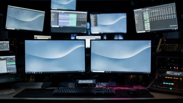 Medium shot revealing a busy broadcast automation setup in focus on the playlist and ingest interfaces surrounded by softly blurred scheduling systems in a night studio