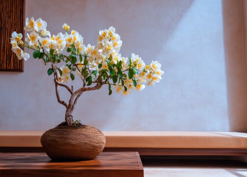 装飾的な鍋の中の蘭は木のテーブルの上に立っています