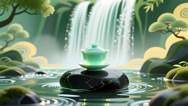 Modern Chinese style illustration of celadon tea set on a stream stone