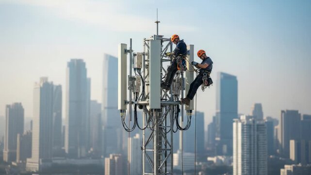 Midday installation of 5G antennas on cell tower sharp focus on technicians precise work with hazy skyscrapers filling the background.