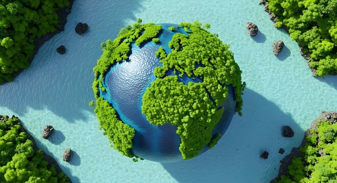 Aerial view of a lush green earth surrounded by water and rocks with trees on the surface