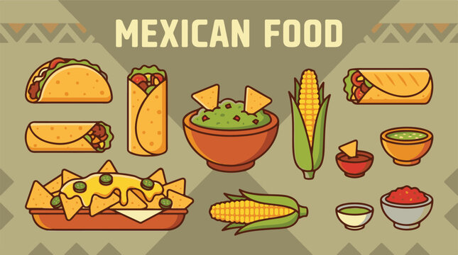Collection of Popular Mexican Food Dishes and Ingredients Illustration