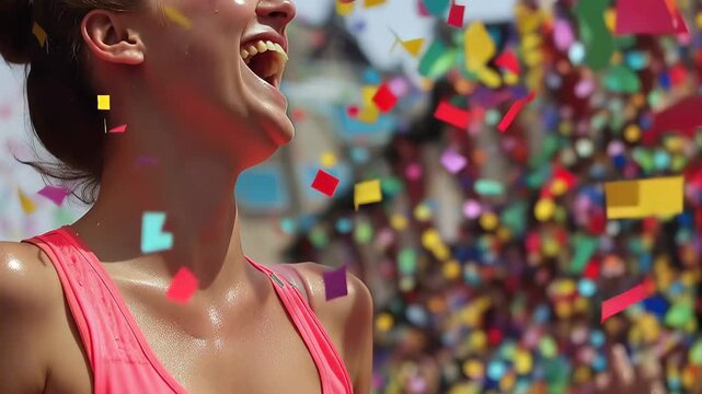 Joyful young woman runner smiles while crossing marathon finish line with colorful confetti in the air