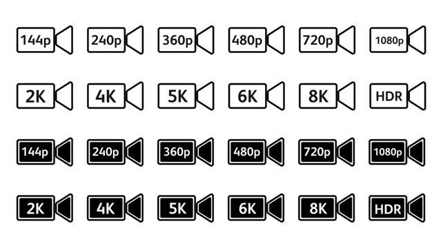 Collection of video resolution labels and camera icons, Element Symbols for film quality, 4K, 8K and HDR imaging