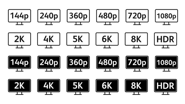Collection Icons Set of screen resolutions from 144p to 8K and HDR labels in line and solid styles