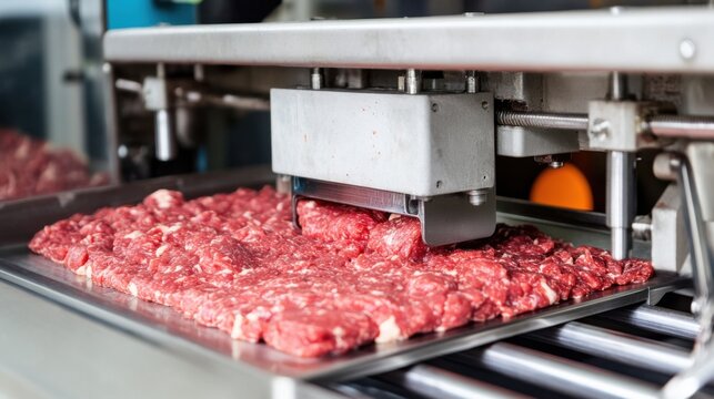 Automated Meat Grinding Machine Processing Raw Ground Meat