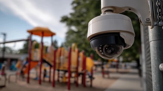 Security camera captures playground activity at school during daytime hours