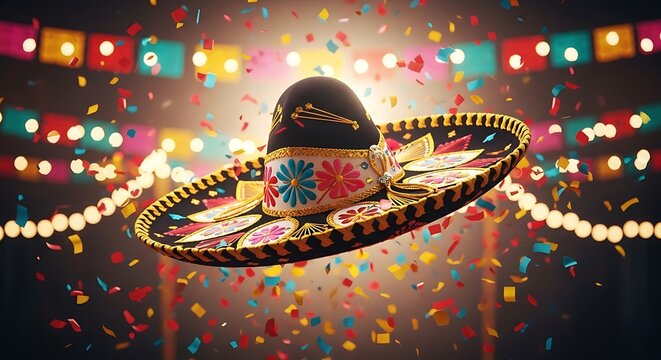 Vibrant sombrero flies through festive party scene with colorful confetti
