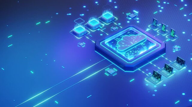 Abstract 3D render of cloud computing network with AI chip