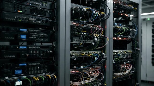 Medium angle of tall racks packed with layered transmitters and modulators dim ambient lighting emphasizing intricate network cabling and hardware details.
