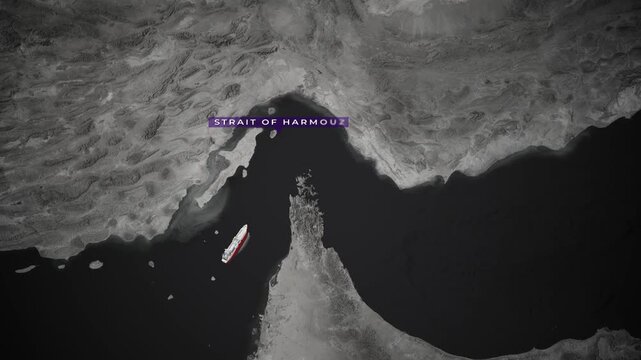 4K Quality zoom in animation to Strait of Hormuz Connecting Iran and UAE with world map background and boats floating