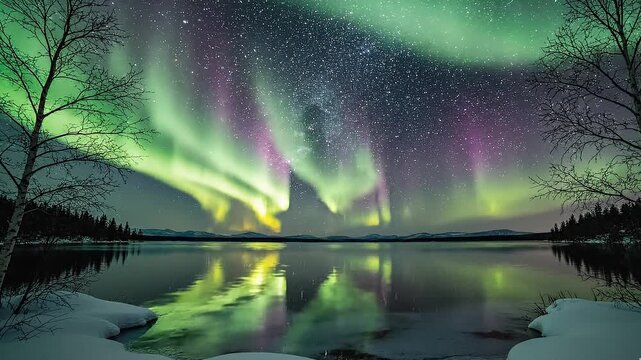 Vibrant celestial tapestry of green and purple lights shimmering across the tranquil surface of a remote northern lake, under a starlit winter night - Ultra HD 4k Quality 