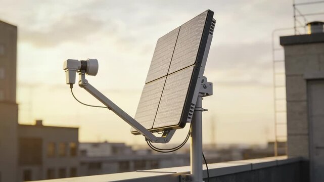 View of a compact phasedarray satellite antenna on a building rooftop featuring the flatpanel unit in crisp detail with a softly blurred sky and adjacent structures.