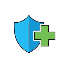 Fototapeta premium A protective shield with a green plus sign, symbolizing health, safety, and well-being in a flat, colorful design