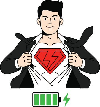 Confident businessman ripping open his shirt to reveal a superhero symbol and fully charged green battery representing high energy and strong corporate power