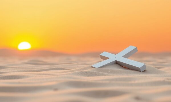 White Wooden Cross on Sand at Sunrise Minimal Easter Faith Background with Copy Space