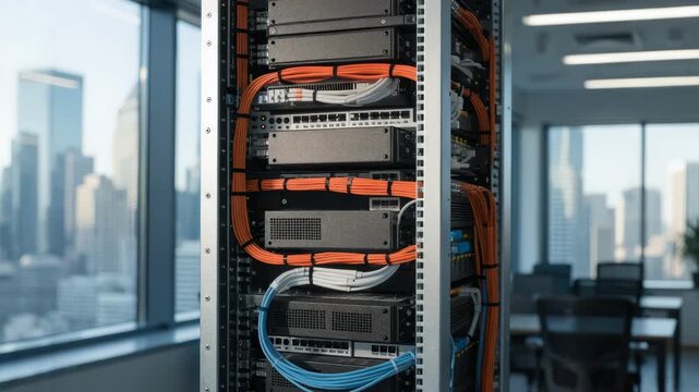 Medium shot showing a neatly arranged colocation rack with carrier equipment in an office highrise cables highlighted in crisp detail while the surrounding workspace fades away.
