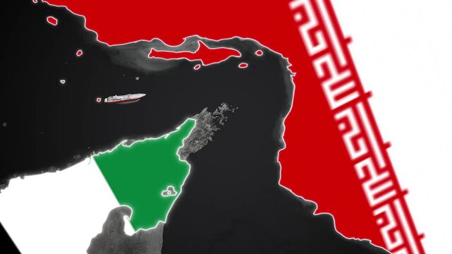 High Quality 4K satellite view of Strait of Hormuz between Iran and UAE with world map background