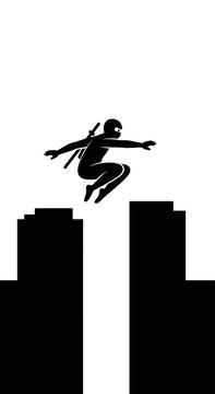 Ninja jumping between buildings silhouette, parkour, action, urban, extreme sports, danger