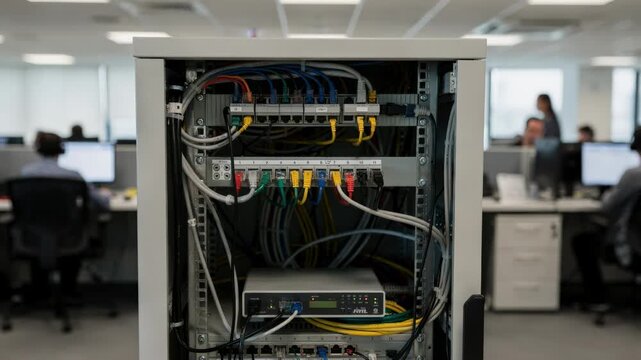 Medium shot showcasing a small telecom rack inside a bustling call center with a patch panel and modem sharply in focus and blurred workstations in the background.