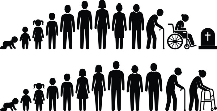 Human life cycle silhouettes from baby childhood adulthood to elderly aging wheelchair and death stages isolated on white background education illustration