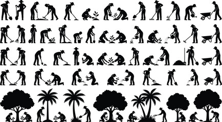 Obraz premium Gardener and landscaping worker silhouettes set showing planting watering raking digging mowing and tree care activities isolated on white background illustration