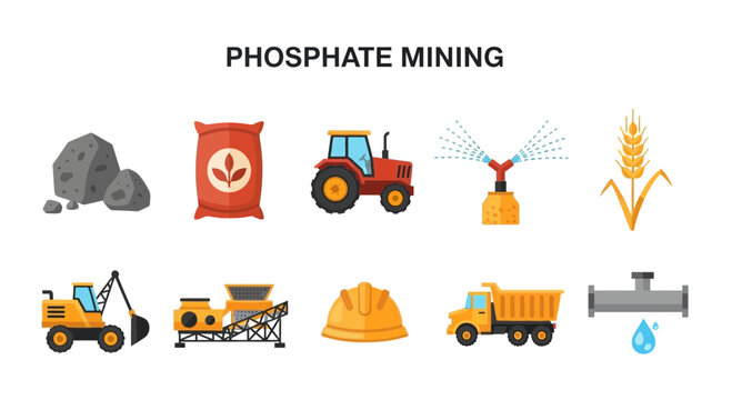 Icons representing the stages and elements of phosphate mining and agriculture