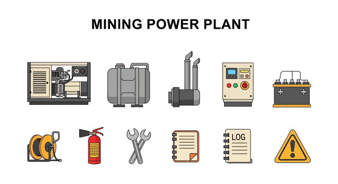 Icons for a mining power plant setup including machinery and safety gear