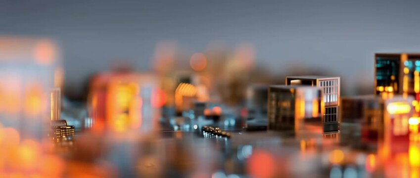 Abstract futuristic city of illuminated technological components close up