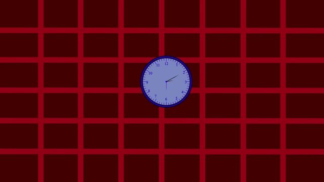 Clock centered within a red grid pattern against a dark background, Modern and stylish clock design, Ideal for tech and UI interfaces.
