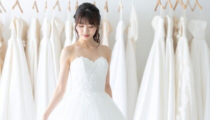 ウェディングドレスショップで白いドレスを試着する若い日本人女性の優雅なシーン