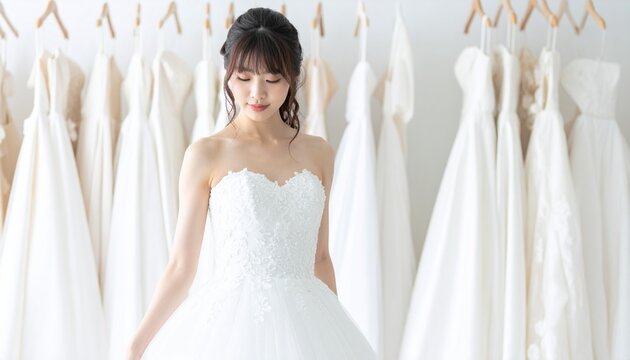 ウェディングドレスショップで白いドレスを試着する若い日本人女性の優雅なシーン