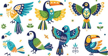 Obraz premium Colorful tropical bird collection featuring toucan, parrot and exotic jungle birds with decorative leaves and floral elements flat vector illustration set