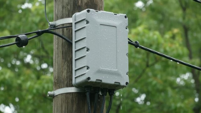Polemounted plastic satellite splitter box in clear focus surrounding outdoor environment softly blurred emphasizing durable moistureresistant design.