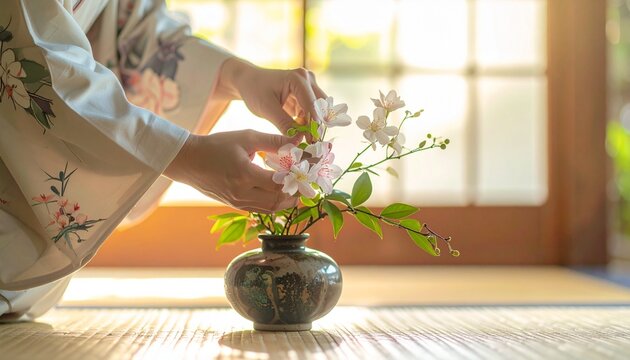 和室の畳の上で白い着物姿の女性がいけばなを丁寧に生ける美しい瞬間