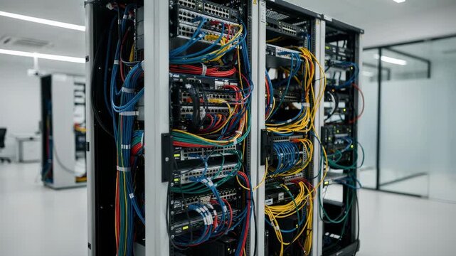 Medium shot of carrierneutral colocation racks with colorful network cables sharply focused set in a modern office data center environment blurred background highlights
